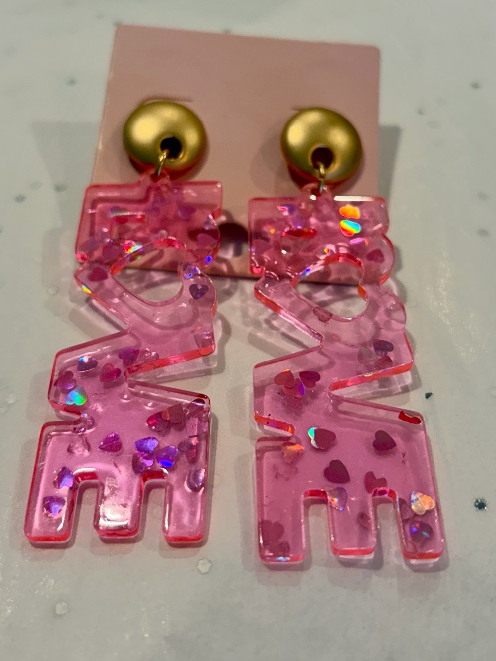 NWT Pink 'LOVE' Resin Drop Earrings with Gold Studs - - Picture 2 of 4